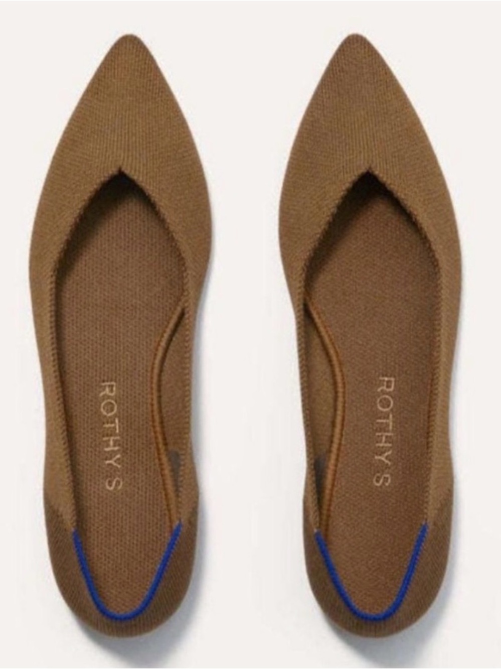 Rothy's Pointed Toe Knit Flats in Brown with Blue Trim